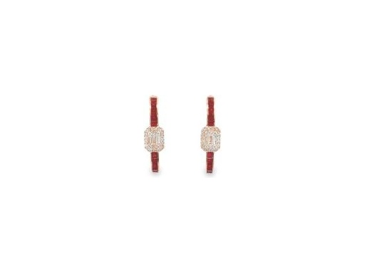 18K Rose Gold Hoop Earrings with Natural Baguette and Round Diamonds and Red Rubies