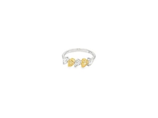 18K White Gold Ring with Natural Fancy Yellow and White Pear-Shaped Diamonds and Diamond Band