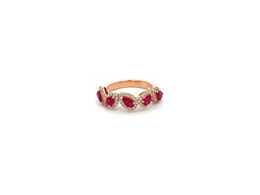 18K Rose Gold Ring with Natural Round Diamonds and Pear-Shaped Rubies